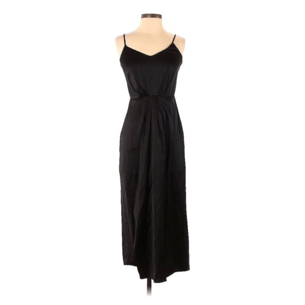 Express - Black Satin Asymmetrical V-neck Cocktail Midi Dress (XS)